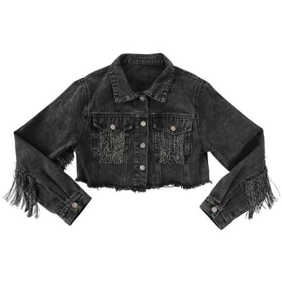 Black Cropped Denim Fringe Jacket with Silver Tassels Size Large Festival - Picture 1 of 7